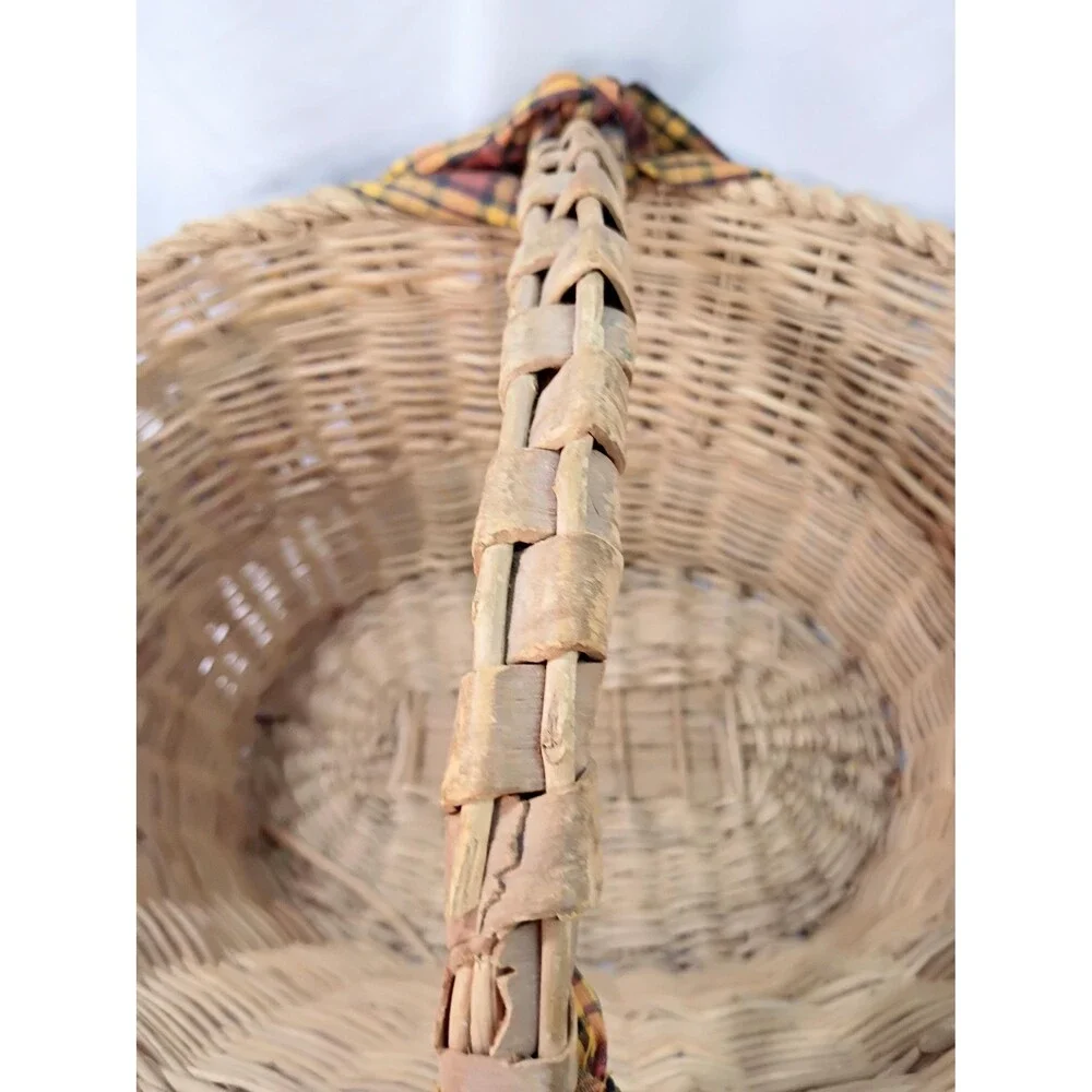 Vintage Oval Wicker Basket with Rustic Handle and Yellow/Orange Plaid Ribbon